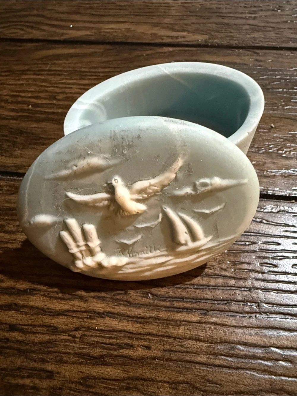 Blue Oval Soapstone Trinket Box White Nautical Scene in Relief Signed R Nemith